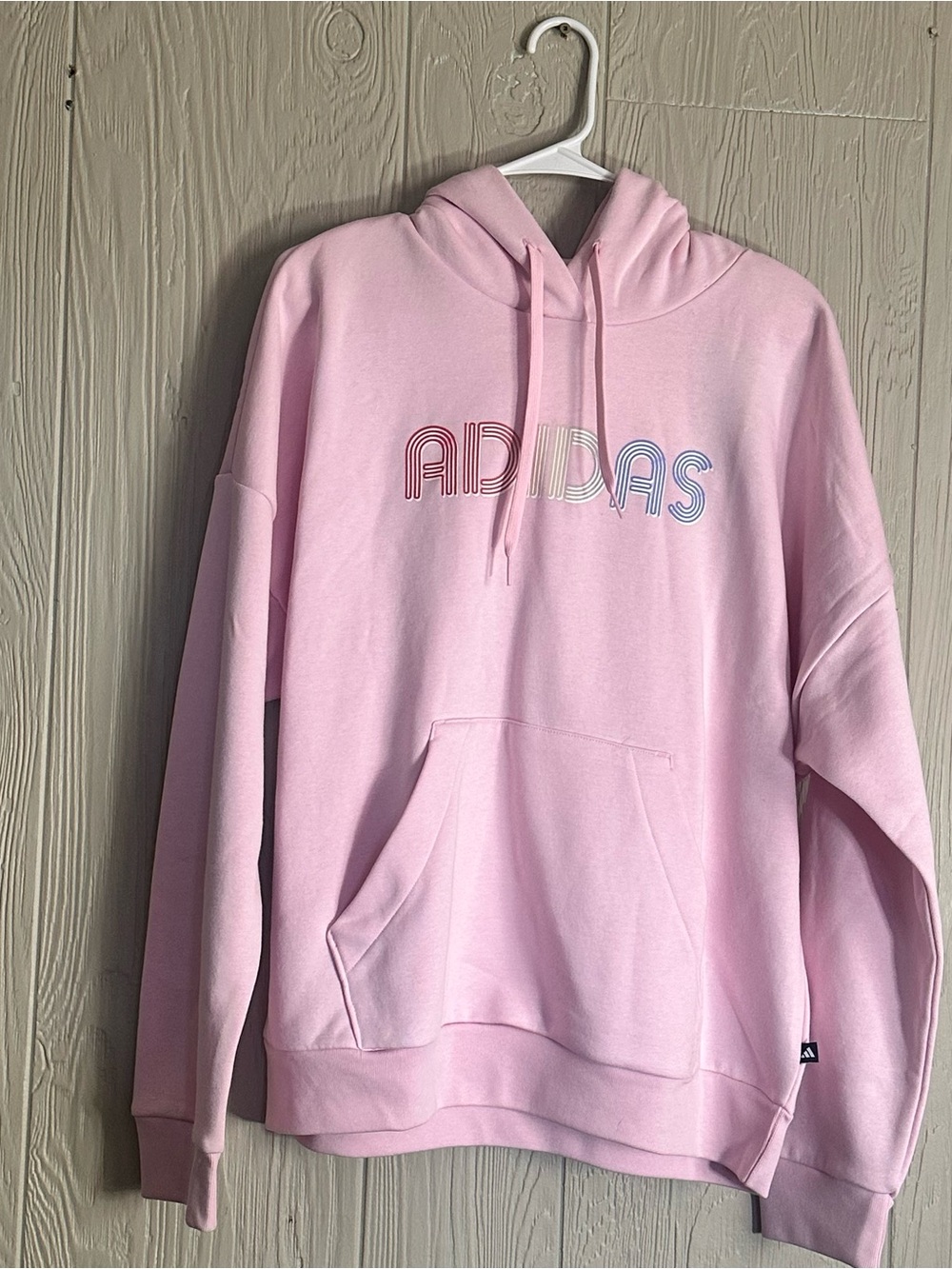 adidas Women’s Pink Pullover Fleece Cotton Hoodie Logo Pockets Drawstring L